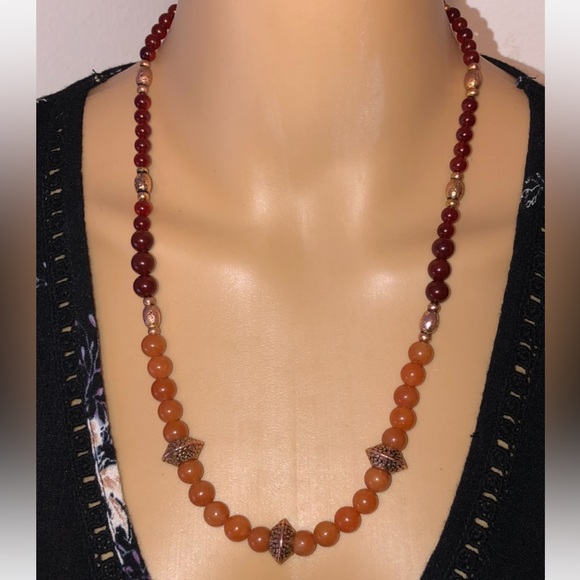 🔴SOLD🔴Graduating Antique Gold Garnet Orange Aventurine Boho Necklace by JM - Picture 11 of 11